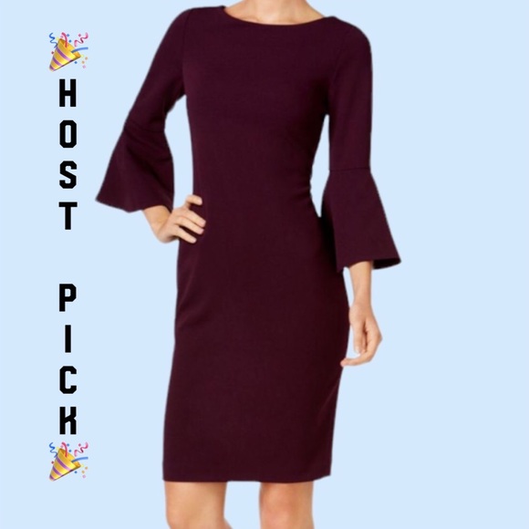 Calvin Klein Dresses & Skirts - Calvin Klein Plum Aubergine Bell Sleeve Back Zipper Sheath Dress